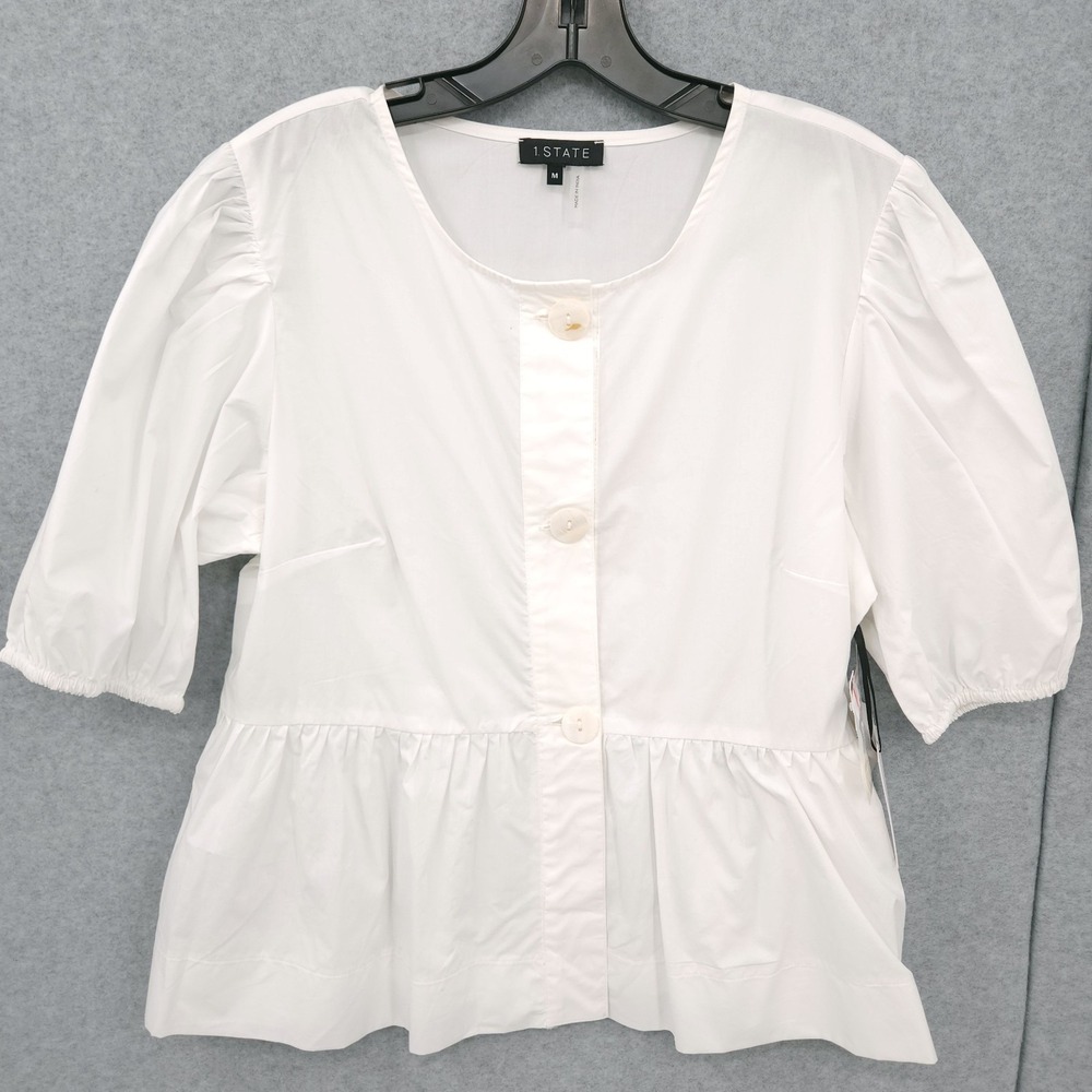 1. State Cotton Puff Sleeve Peplum White Scoop Neck Top Womens Size M NWT